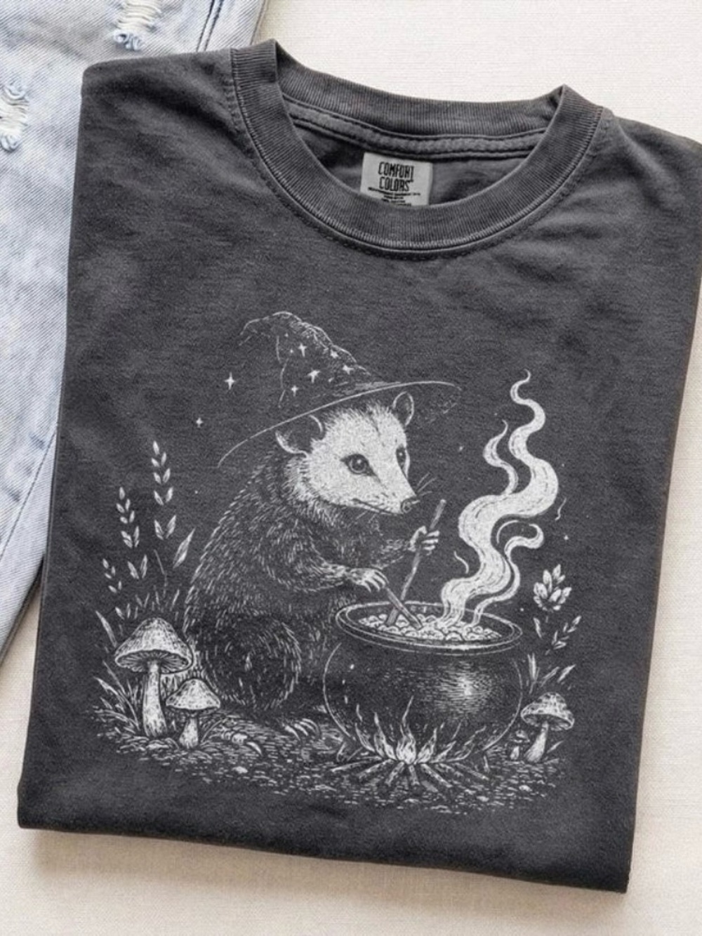 Gray Small Pets T-Shirt Featuring Witch Opossum Illustration
